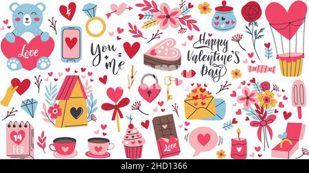 Cartoon romantic love valentines day elements and stickers. Heart shape, sweets, cake and flowers vector symbols set. Valentines day romantic objects Stock Vector