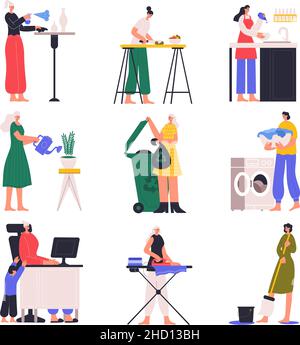 Housewife doing housework, cooking, vacuuming and cleaning. Housewives cleaning house and washing dishes vector illustration set. Woman housewife does Stock Vector