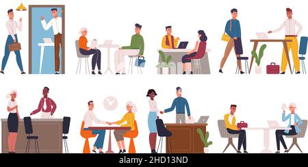 Job interview, recruitment and hiring process. Company hr workers talking to job seekers vector illustration set. Business job interview scenes Stock Vector