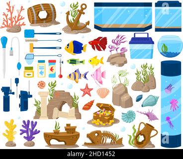 Aquarium underwater seaweeds and fish, cartoon aquaria equipment. Underwater pets, goldfish or guppy vector illustration set. Cartoon aquarium Stock Vector