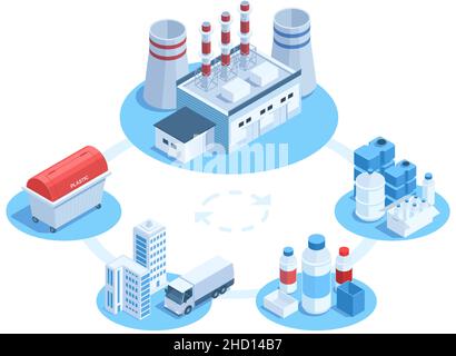 Isometric 3d industrial plastic recycling technology infographic. Trash waste recycling, environment protection concept vector illustration. Recycling Stock Vector