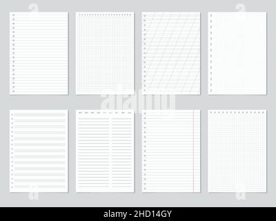 Realistic notebook blank lined and gridded paper sheets. Blank notepad pages for homework or diary notes vector illustration set. Notebook squared and Stock Vector