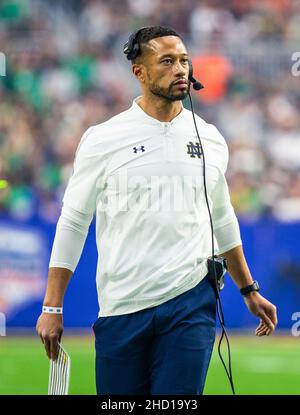 Notre Dame head coach Marcus Freeman looks to referees during the first ...