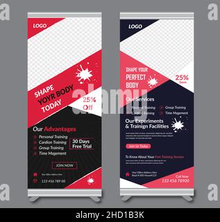 Fitness & Gym Roll Up Banner Template Design Stock Vector