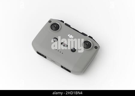 DJI remote control on white background. Control stick of the DJI Mavic 3 drone. Unpacking and configuring the DJI copter. 17.12.2021, Rostov region, R Stock Photo