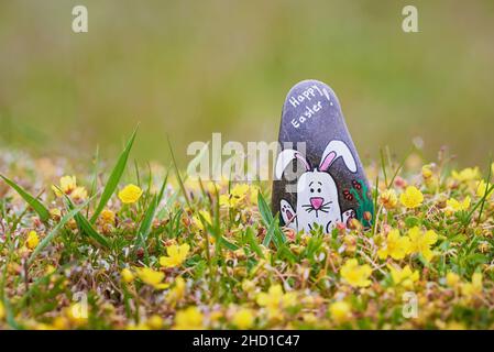 White Bunny painted on a rock on a meadow with flowers. Happy Easter text Stock Photo