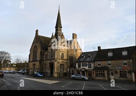 St Edward's Hall, Market Square, Stow on the Wold, Gloucestershire. The building houses the town library and Tourist Information Centre as well as the Stock Photo