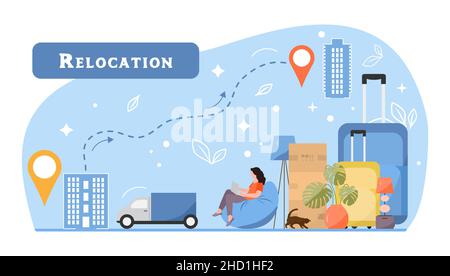 Vector illustration Relocation to new home. Moving to new house. Package for transportation. Paper cardboard boxes with various household thing. Suitc Stock Vector