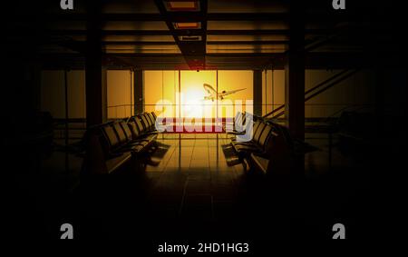 Empty seats in waiting area of airport terminal. Tourism and business concept. Stock Photo