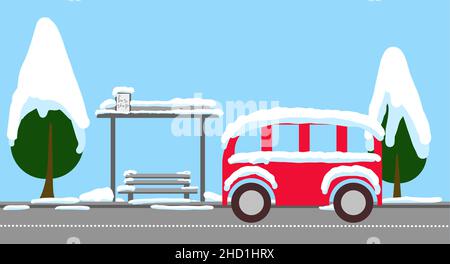 town postcard bus stop covered with snow. country landscape flat style. horisontal background Stock Vector