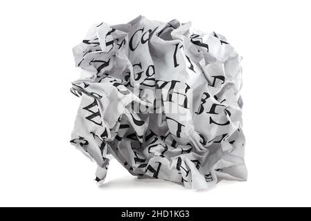 Paper ball or ball. Isolated crumpled sheet of writing paper, spoiled sheet of round shaped paper with the alphabet written on it Stock Photo