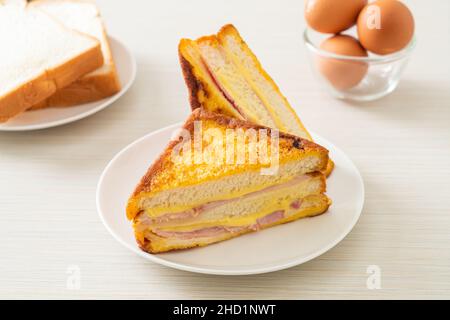 homemade sandwich ham cheese on white plate Stock Photo