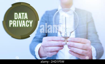 Text caption presenting Data Privacy. Word Written on internet security and digital protection of website or landing homepage Lady in outfit holding Stock Photo