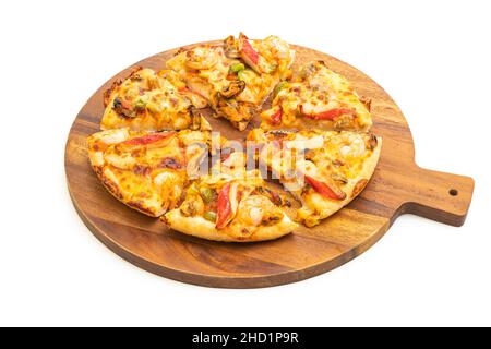 seafood pizza on wood tray isolated on white background Stock Photo