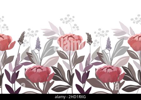 Vector floral seamless pattern, border. Horizontal panoramic image of red flowers with dark gray leaves. Stock Vector