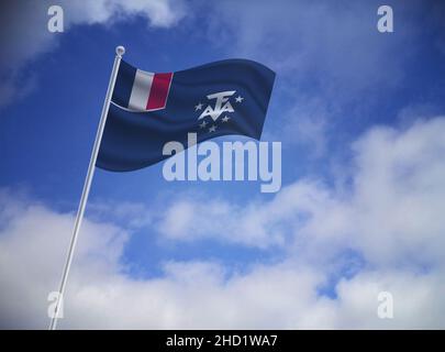 Flag of the French Southern and Antarctic Lands on a stick, dark clouds in the background Stock Photo