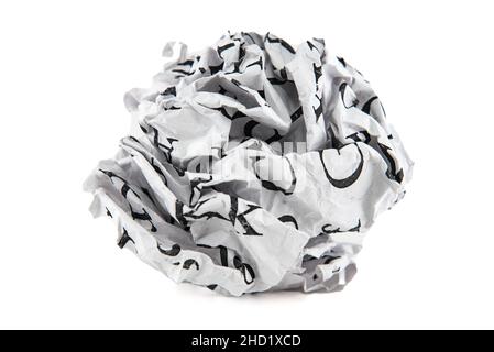 Paper ball or ball. Isolated crumpled sheet of writing paper, spoiled sheet of round shaped paper with the alphabet written on it Stock Photo