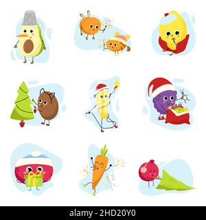 Big set of fruit characters. Fruits, berries and vegetables on winter vacation. Collection of mascots for greeting cards, Christmas and New Year Stock Vector