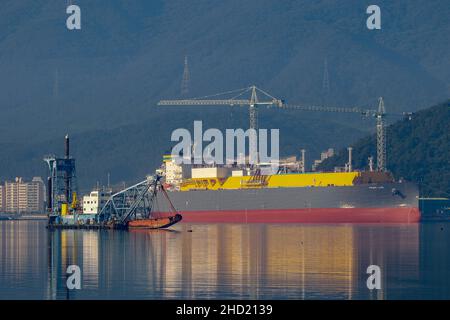 June 24, 2020-Geoje, South Korea-A View of shipbuilding yard scene at samsung heavy industry and DSME in Geoje, South Korea. Stock Photo