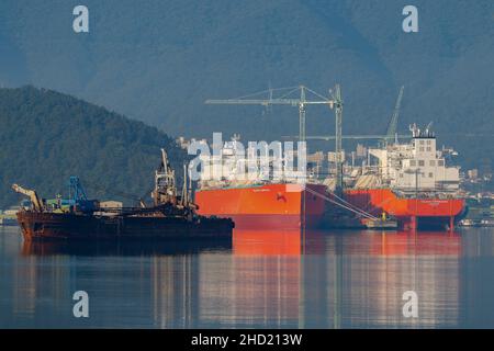 June 24, 2020-Geoje, South Korea-A View of shipbuilding yard scene at samsung heavy industry and DSME in Geoje, South Korea. Stock Photo