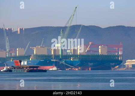 June 24, 2020-Geoje, South Korea-A View of shipbuilding yard scene at samsung heavy industry and DSME in Geoje, South Korea. Stock Photo