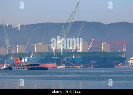 June 24, 2020-Geoje, South Korea-A View of shipbuilding yard scene at samsung heavy industry and DSME in Geoje, South Korea. Stock Photo