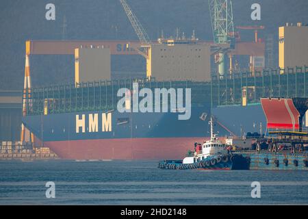 June 24, 2020-Geoje, South Korea-A View of shipbuilding yard scene at samsung heavy industry and DSME in Geoje, South Korea. Stock Photo