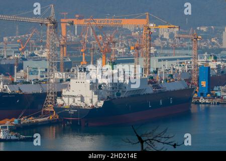 June 24, 2020-Geoje, South Korea-A View of shipbuilding yard scene at samsung heavy industry and DSME in Geoje, South Korea. Stock Photo