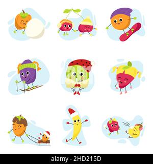 Big set of fruit characters. Fruits, berries and vegetables on winter vacation. Collection of mascots for snow resorts, Christmas and New Year Stock Vector