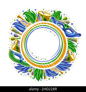 Vector Frame for Brazil Carnival with copyspace, isolated round template with illustration of carnival symbols, musical instruments, blue and green de Stock Vector