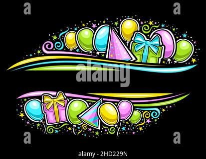 Vector Border for Happy Birthday with copy space for text, horizontal frame with illustration of various colorful balloons, gift box, cone hat, decora Stock Vector