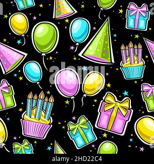 Vector Birthday Seamless Pattern, repeating background of vibrant balloons, bright birthday cone hats, cupcake with burning candles, isolated illustra Stock Vector