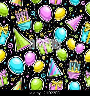 Vector Birthday Seamless Pattern, repeating background of vibrant balloons, vivid birthday cone hats, cupcake with burning candles, isolated illustrat Stock Vector