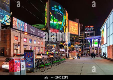 The Yonge-Dundas square in the downtown district is illuminated at night. Jan. 2, 2022 Stock Photo