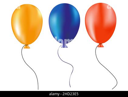 Three color balloons, gold, blue and red. 3D balloons graphics. Adobe illustrator artwork. Birthday, New Year's gadgets. Stock Photo