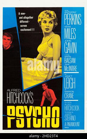 Vintage movie poster for Psycho (Paramount, 1960) Alfred Hitchcock's masterpiece feat. Anthony Perkins, Vera Miles, John Gavin. Stock Photo