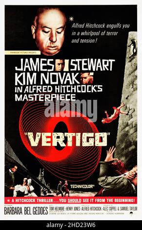 Alfred Hitchcock's Vertigo, vintage movie poster. The film starring James Stewart, Kim Novak.1958 (This is a remake from 1961). Stock Photo