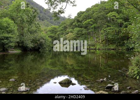 The river Derwent at Grange village, Borrowdale valley, Lake District National Park, Cumbria, England, UK Stock Photo