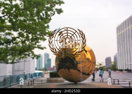 Close up image of United Nations logo. United Nations Headquarter Building. New, York, NY, USA - Stock Photo