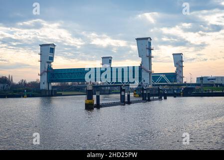 Storm surge barrier in river Hollandsche IJssel, near Rotterdam, The Netherlands. Part of the famous Dutch delta works. Stock Photo