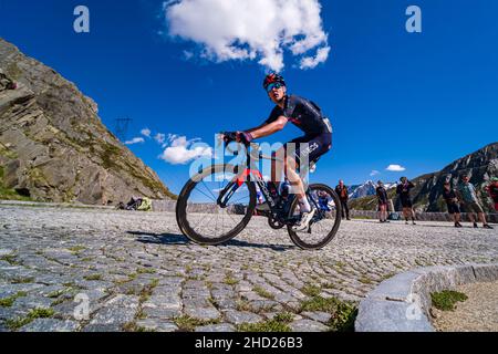 Pavel Sivakov from team Ineos is racing up the Tremola San Gottardo at the Tour de Suisse 2021. Stock Photo