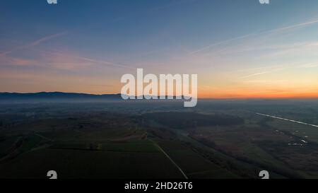 Aerial Drone Landscape photos taken at a winter sunset with some beautiful colors Stock Photo
