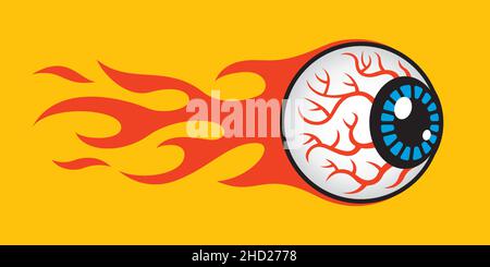 Burning Flaming Eyeball Vector Graphic. Vector Illustration of a human eyeball on fire and flying through the air, leaving a trail of flames behind it Stock Vector