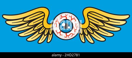 Flying Eyeball Vector Graphic. Vector Illustration of flying human eyeball with bird or angel wings. Stock Vector