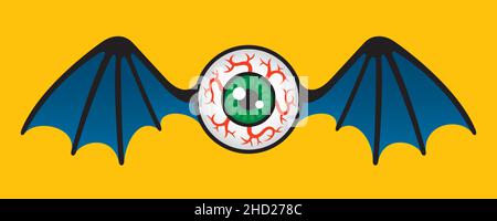 Flying Eyeball Vector Graphic. Vector Illustration of flying human eyeball with bat or dragon wings. Stock Vector
