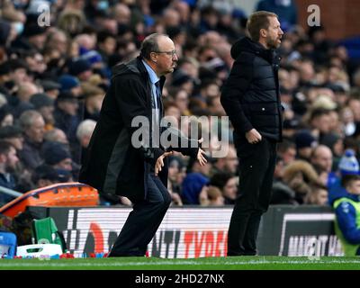 Everton manager Rafael Benitez (left) reacts as Brighton and Hove Albion manager Graham Potter looks on during the Premier League match at Goodison Park, Liverpool. Picture date: Sunday January 2, 2022. Stock Photo