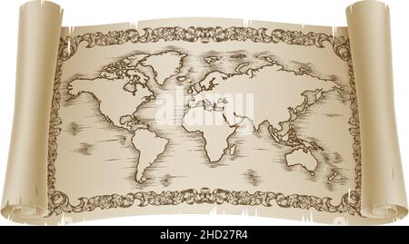 World Map Drawing Old Woodcut Engraved Scroll Stock Vector