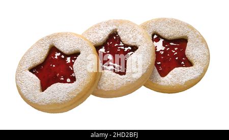Traditional Christmas Linzer Cookies isolated on white background. Homemad cookies close up. Stock Photo