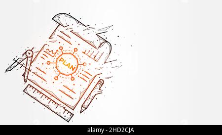 Polygonal abstract vector illustration of a business plan, pens, rulers and compasses. Project planning concept art. Business and management banner, t Stock Vector
