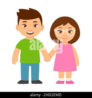 Cute cartoon children with Down syndrome holding hands. Little boy and girl vector illustration. Stock Vector